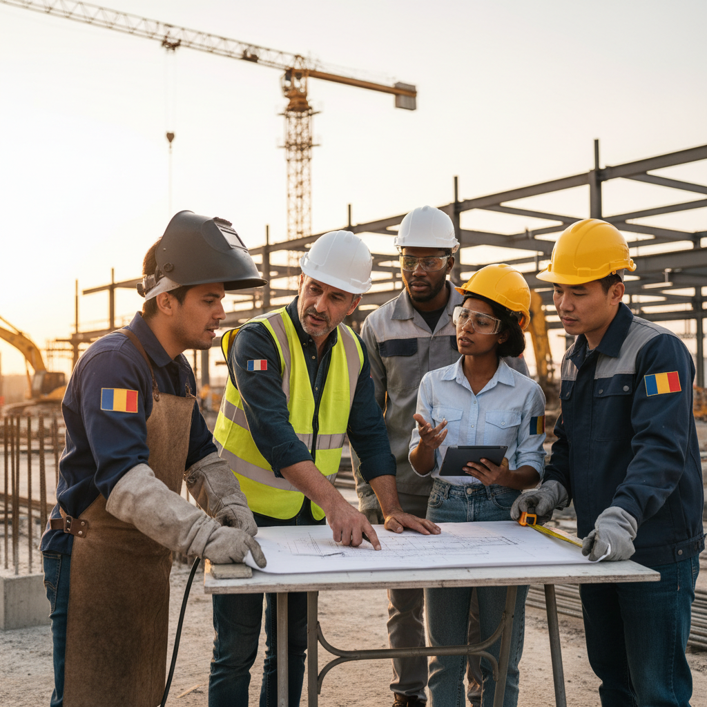 Équipe diversifiée discutant des plans sur un chantier.