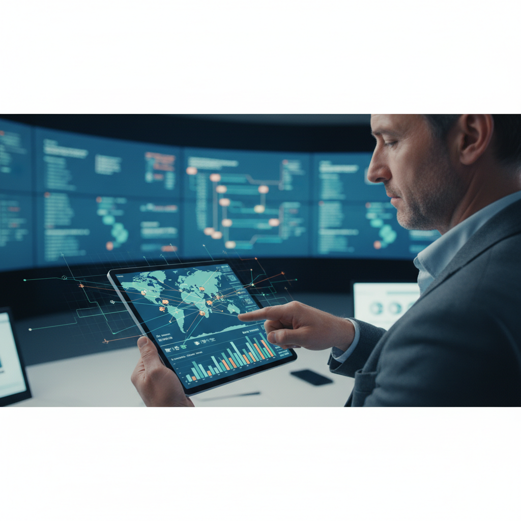 Responsable logistique consultant les itinéraires de navette sur une tablette.