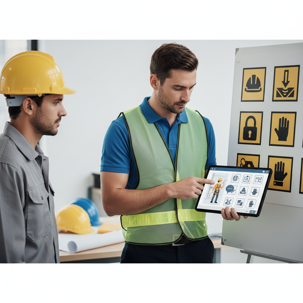 Manager expliquant la sécurité à un employé étranger avec aide à la traduction.