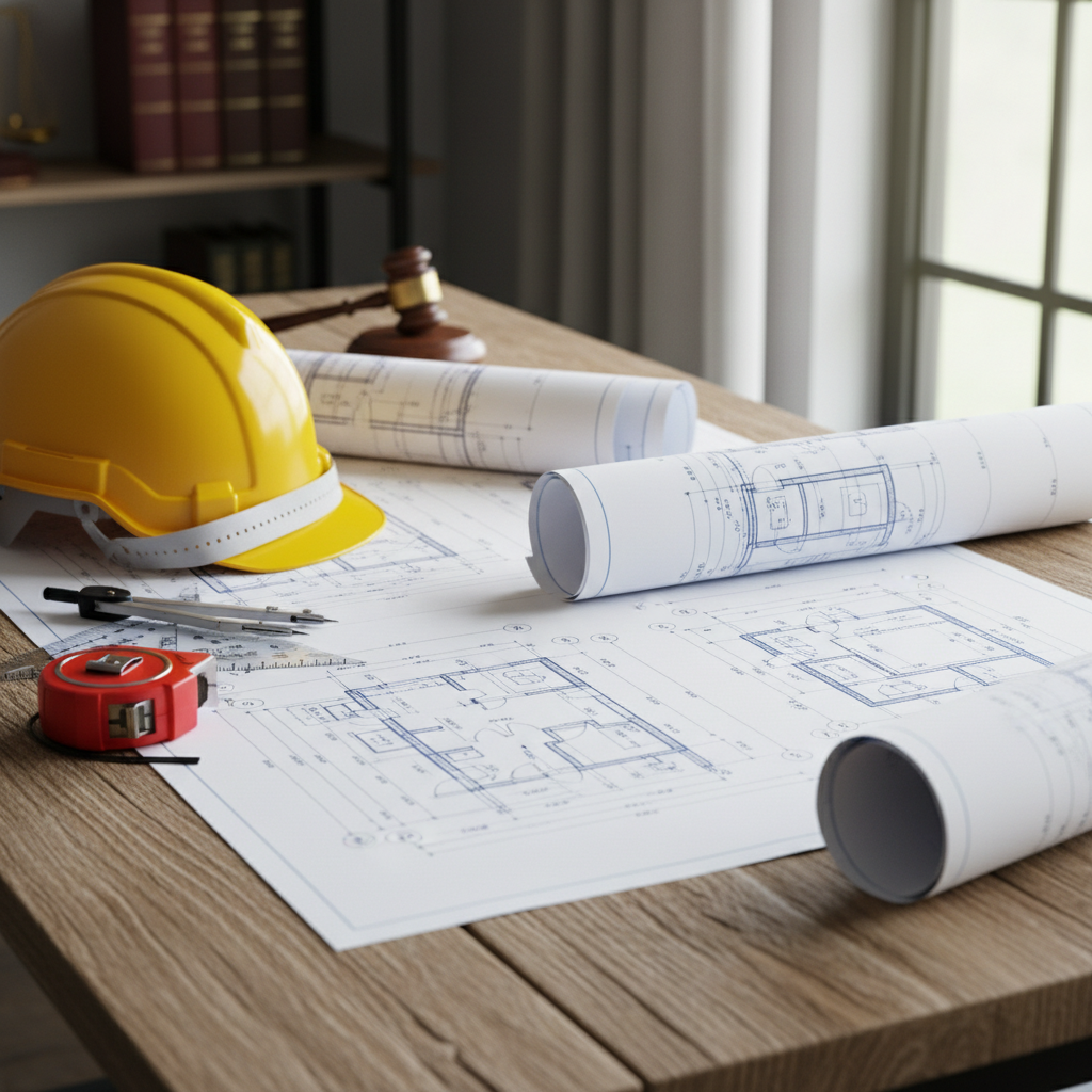 Plans d'architecte et casque, symboles du projet BTP.