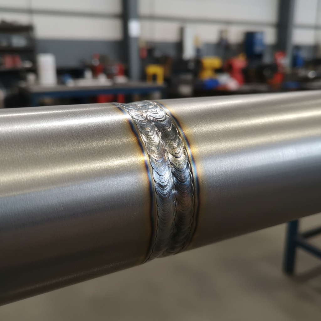 Gros plan d'une soudure TIG experte sur un tuyau en inox.