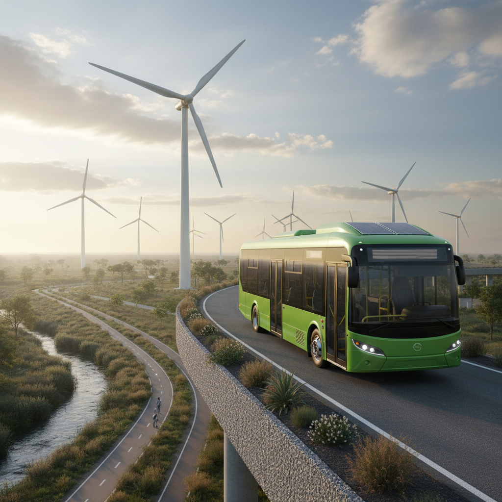 Navette électrique verte devant des éoliennes, symbole de RSE.