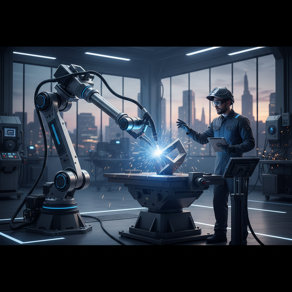 Robot soudeur et technicien travaillant ensemble dans un atelier.