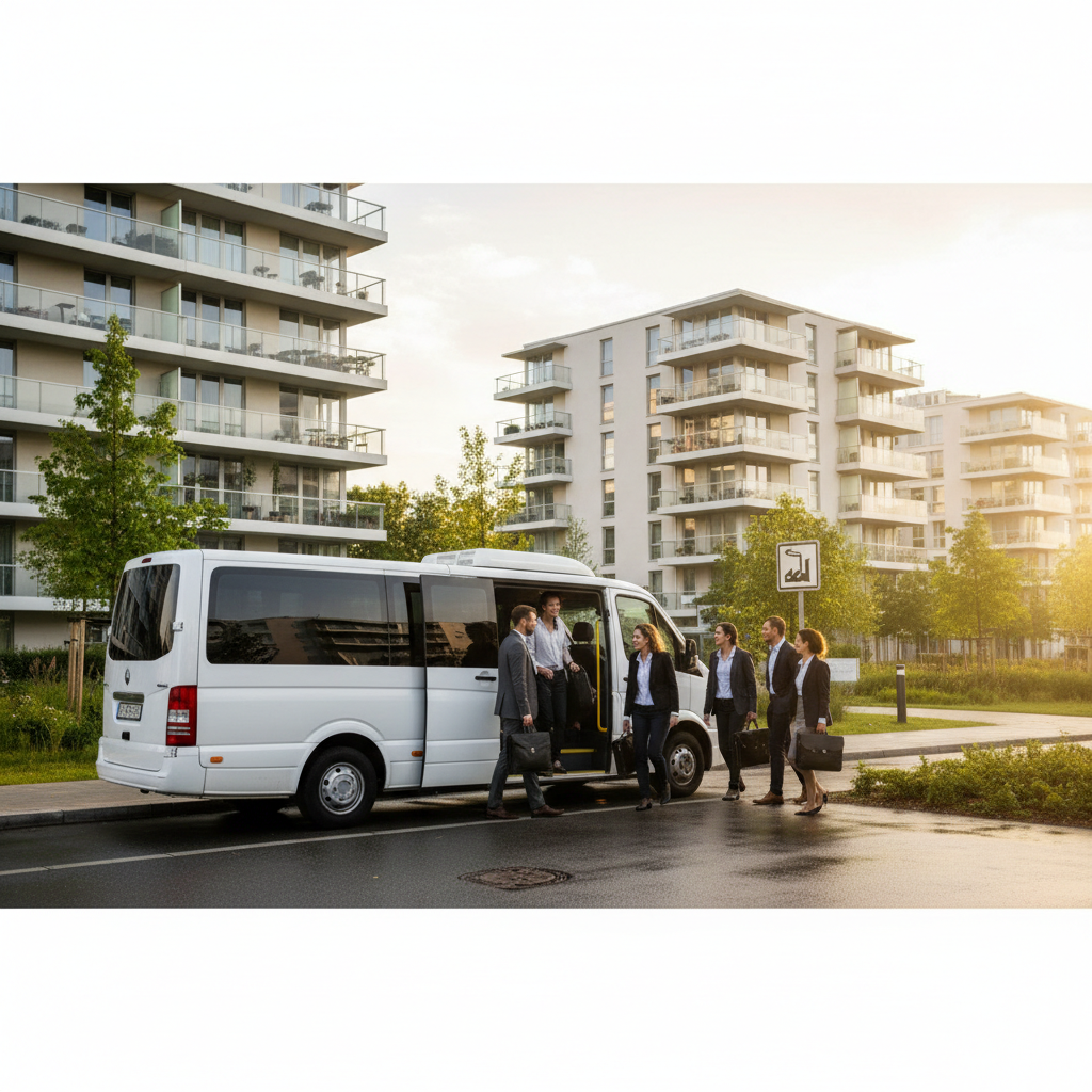 Minibus de transport professionnel devant un complexe résidentiel.