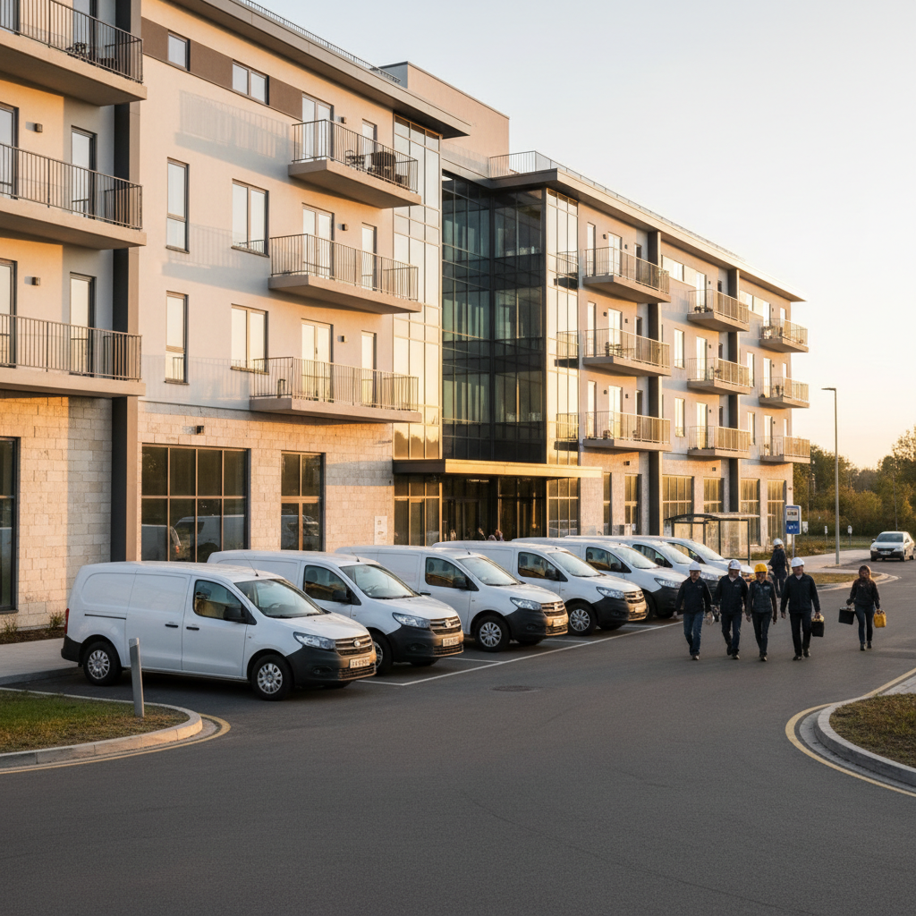 Véhicules d'entreprise devant un centre d'hébergement.