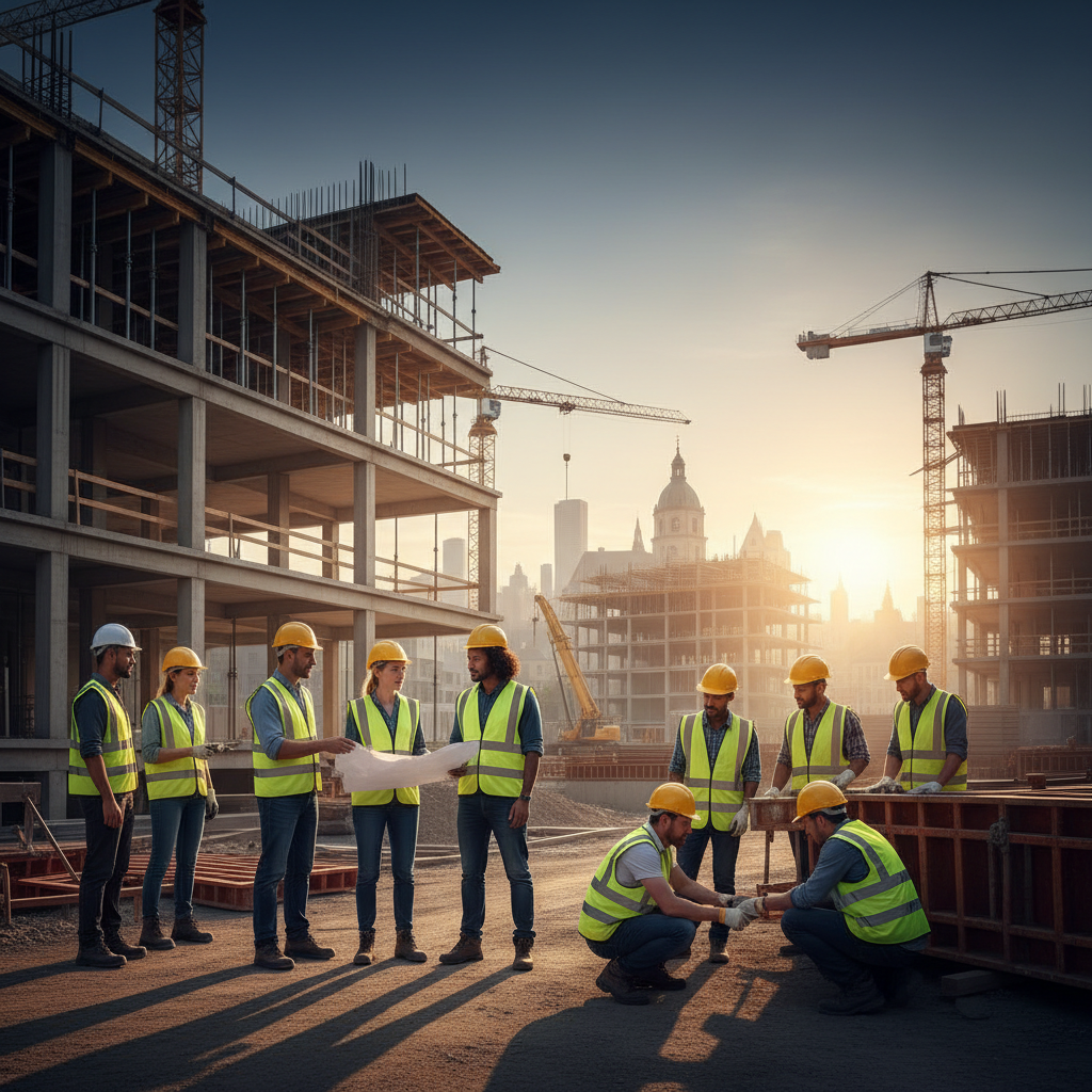Chantier de construction européen, illustrant la mobilité et la diversité des travailleurs.