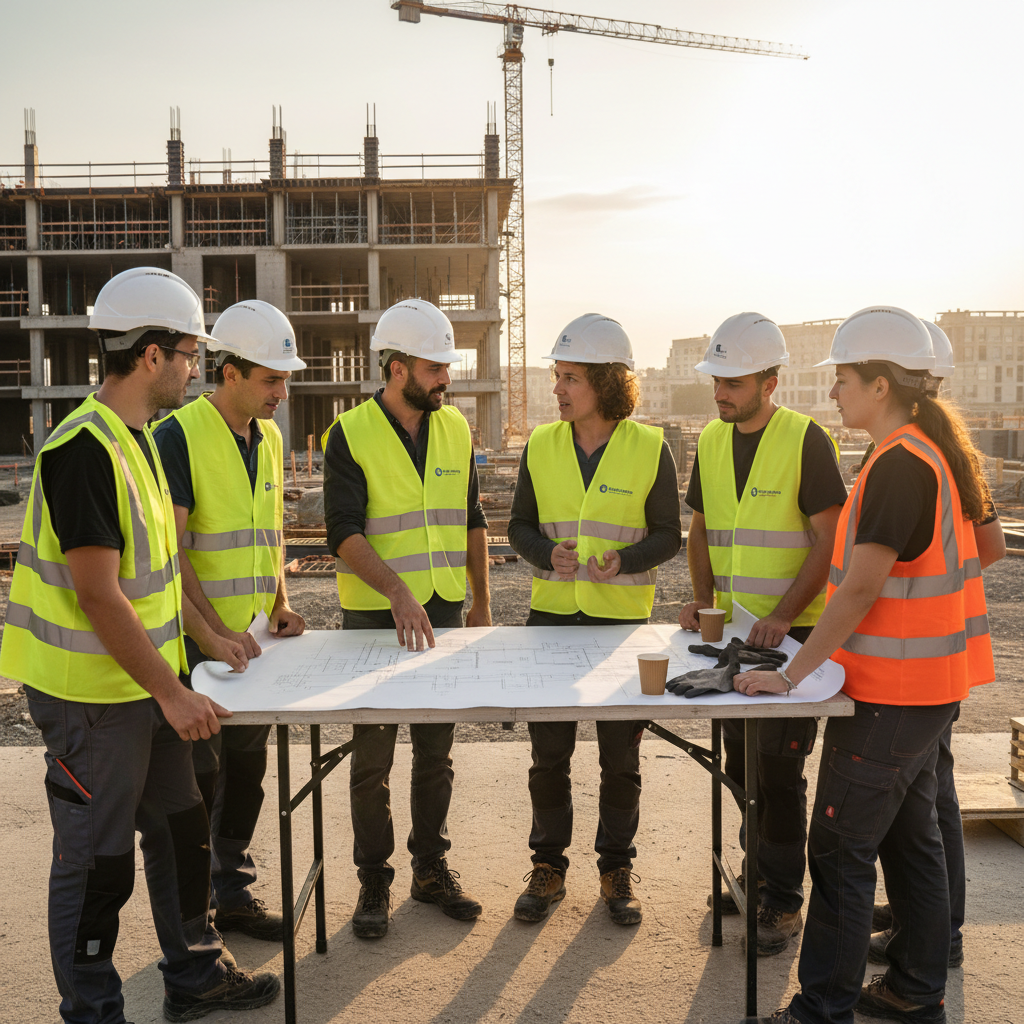Équipe de construction diverse travaillant ensemble sur un plan en France.