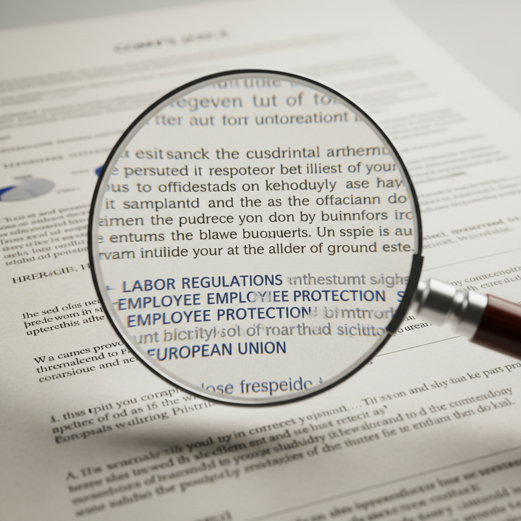 Document de conformité avec une loupe, focus sur le droit du travail européen.