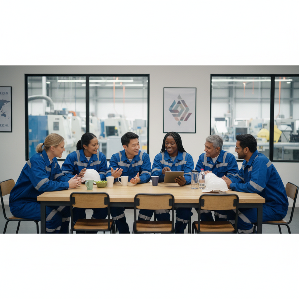 Groupe diversifié d'ouvriers en salle de pause, illustrant le travail d'équipe.