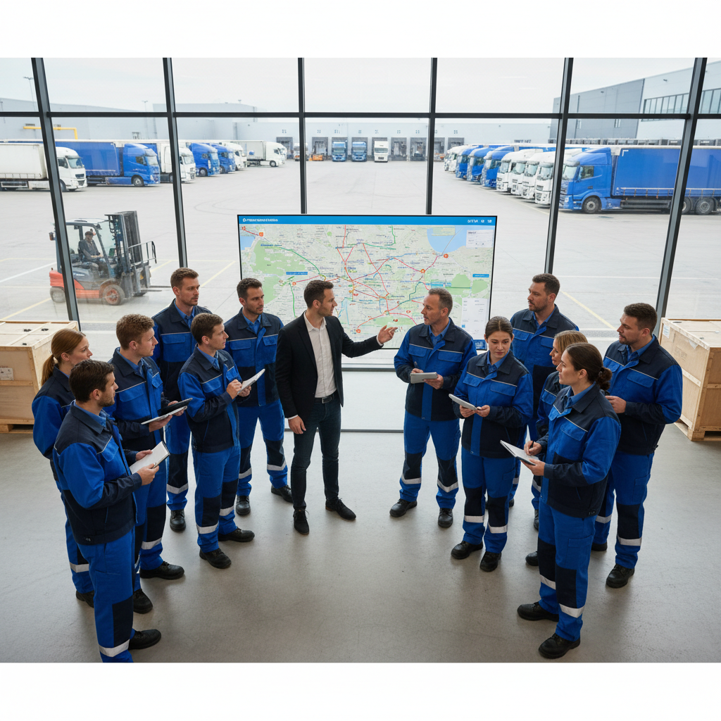Chauffeurs européens à un briefing dans un hub logistique français.